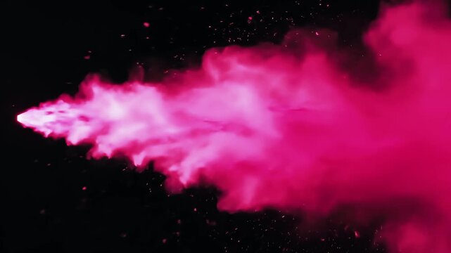 Abstract Pink Smoke Jet and Fire Particles Bursting on Black Background