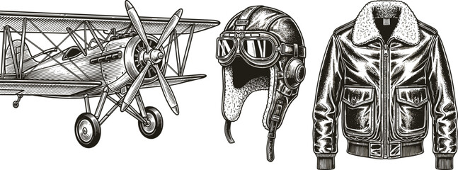 Vintage aviation elements vector illustration set with retro airplane pilot helmet goggles and leather flight jacket classic aeronautical design isolated on white background © Mst