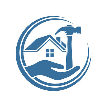 Hand holding hammer and house in blue logo design element for construction or real estate icon