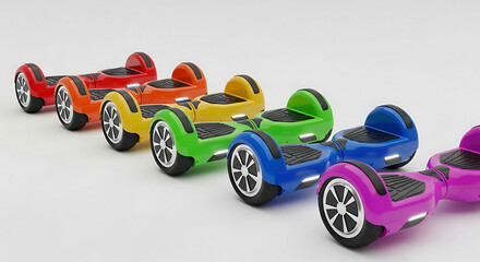 Vibrant collection of colorful hoverboards in various bright colors
