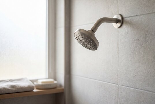 Modern brushed metal shower head in tiled bathroom interior
