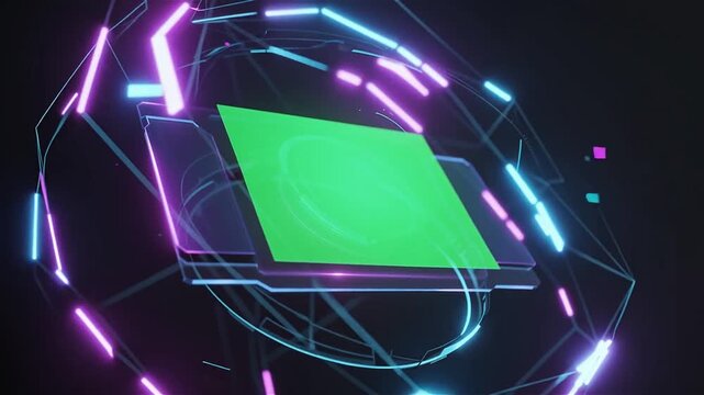 Futuristic AI hologram interface floating in dark environment, neon blue and purple rim light