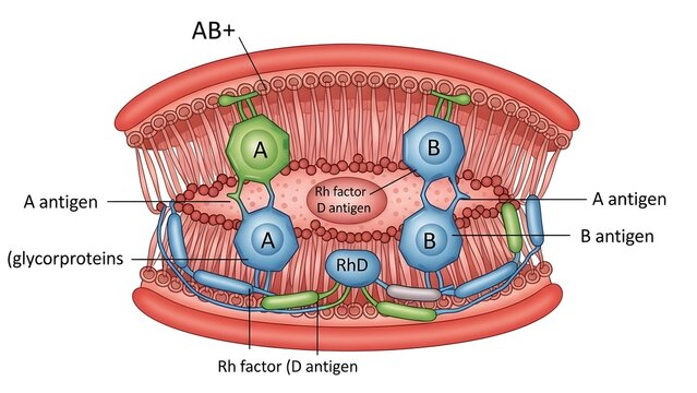 Cross‑section of AB+ red blood cell membrane showing embedded glycoproteins carrying both A and B antigens and central RhD factor, illustrating combined expression of ABO and Rh antigens that defines 