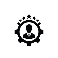 Vector illustration icon black silhouette of a businessman inside a gear with stars above on a isolated