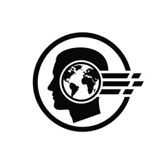 Vector illustration icon black and white logo with human head silhouette and globe