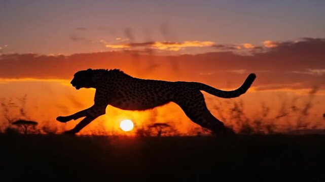 Cheetah running in silhouette across African savanna at sunset, showcasing speed and grace