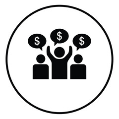 Vector illustration icon simple black icon of people with dollar signs in speech bubbles celebrating