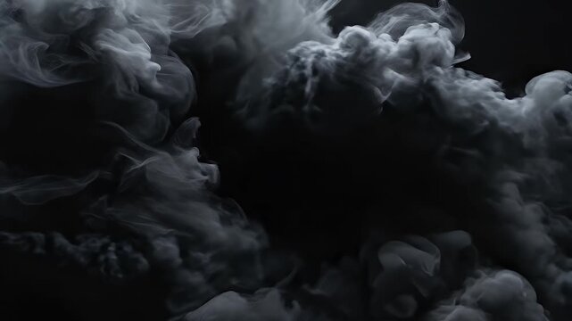 A billowing cloud of grey smoke on a black background, with varying densities