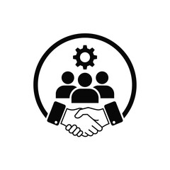 Vector illustration icon simple black and white icon of three people and a gear with handshake
