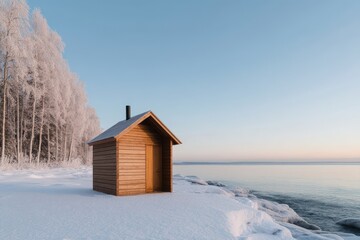 Winter Lake Sauna concept. Small wooden cabin by frozen lake in serene winter landscape at sunrise