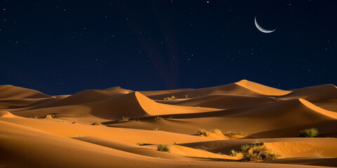 night landscape with desert dunes, starry sky and milky way in desert, abstract background.