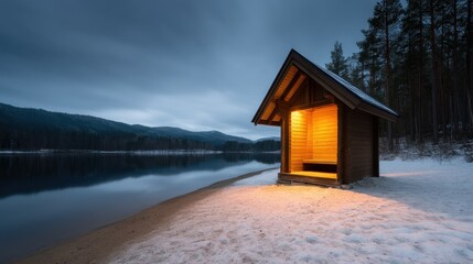 Winter Lake Sauna concept. Snowy lakeside wooden cabin glowing warmly under a cloudy blue sky.