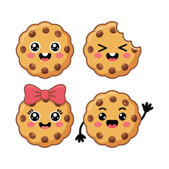 Obraz premium Smiling cartoon cookie mascot faces with bows illustration for kids bakery branding, dessert packaging, birthday party invitation design template vector