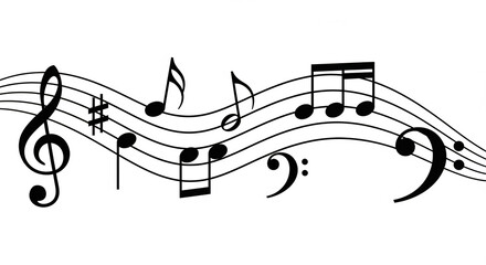 Wavy musical notes and symbols on a staff a black and white vector illustration for music education and creative design projects