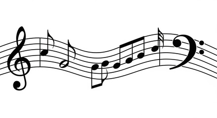Wavy musical staff with various notes treble clef and bass clef representing melody and harmony in a black and white vector illustration