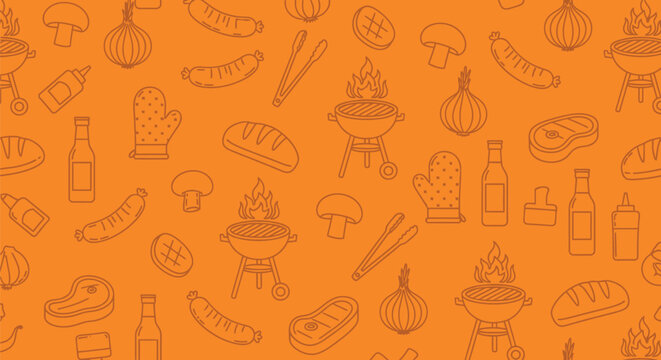 Pattern of BBQ-related illustrations on an orange background. Includes grills, sausages, condiments, tongs, and mushrooms, conveying a fun, summery theme.