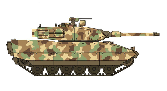 Modern Military Tank with Camouflage Pattern, Side View