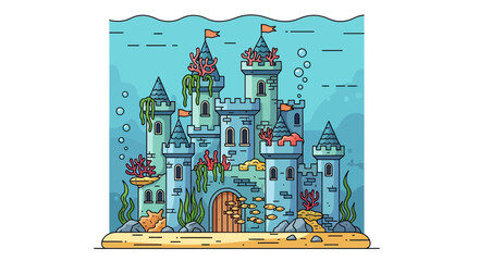 Underwater castle illustration with coral reefs and fish, fantasy cartoon style © Anisah