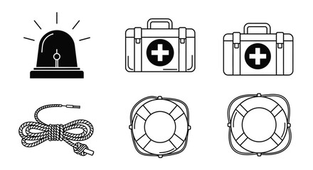 Emergency and Safety Equipment Icons: Siren, First Aid Kits, Rope, Life Buoys © Anisah