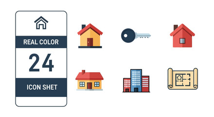 Real Estate Icons Set: Houses, Buildings, Key, Blueprint - Flat Design