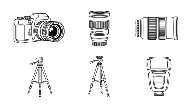 Photography Equipment Set: Camera, Lenses, Tripods, Flash - Line Art Icons