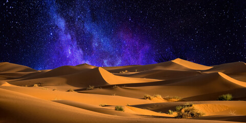 night landscape with desert dunes, starry sky and milky way in desert, abstract background.
