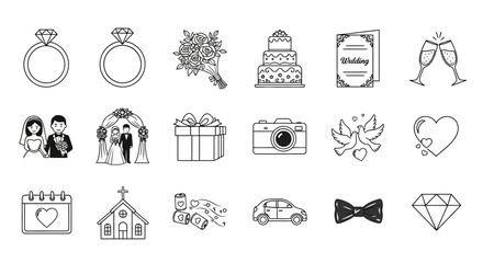 Wedding Icons Set: Rings, Cake, Couple, Church, Car, Heart, Camera, Gift