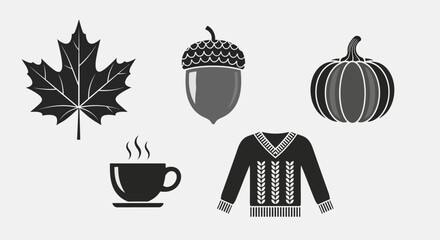 Autumn Icons: Maple Leaf, Acorn, Pumpkin, Sweater, Hot Drink © Anisah