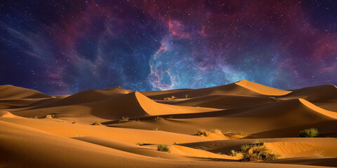 night landscape with desert dunes, starry sky and milky way in desert, abstract background.