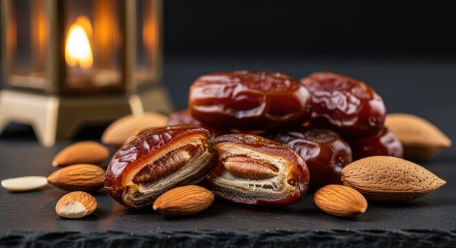 Dates and Almonds on Dark Surface.