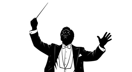 A conductor leads an orchestra with a baton in his right hand and gestures with his left in a tuxedo on stage © Hussnain