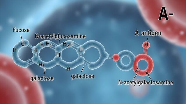 Stylized molecular structure of A&ndash; blood group antigen showing fucose‑bearing backbone with linked galactose units and terminal N‑acetylgalactosamine representing A antigen, emphasizing specific sugar