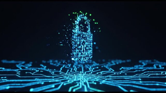Digital padlock formed by binary code representing robust cybersecurity and data protection in a technological world. Glowing particles and circuit lines emphasize network security and digital privacy