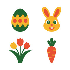 Obraz premium Easter greeting icons, decorated egg, smiling bunny head, carrot and tulips, spring celebration poster, family egg hunt session vector
