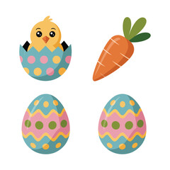 Easter elements featuring chick in egg, zigzag pattern eggs and carrot, colorful holiday icons for kids crafts and posters