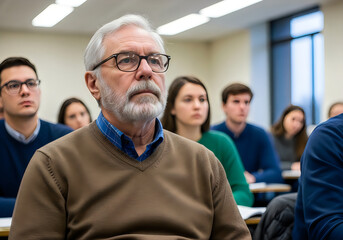 Fototapeta premium Elderly man attentively listening during a classroom lecture with students in background
