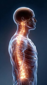 Anatomy of the spine: A detailed depiction of the human spine and surrounding skeletal structure illuminates its intricate components.