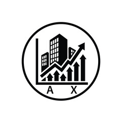 Vector illustration icon black and white icon of a graph with rising arrows and buildings in a circle