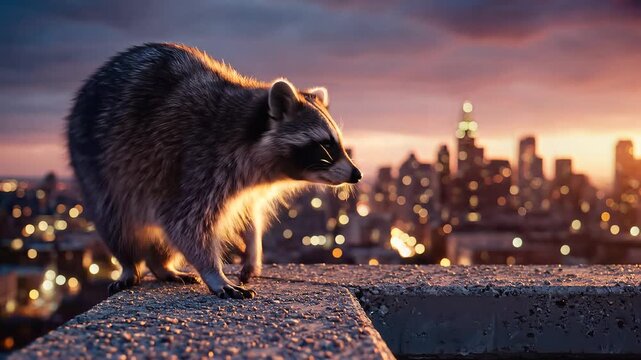 Raccoon standing on rooftop at dusk with cityscape background.
