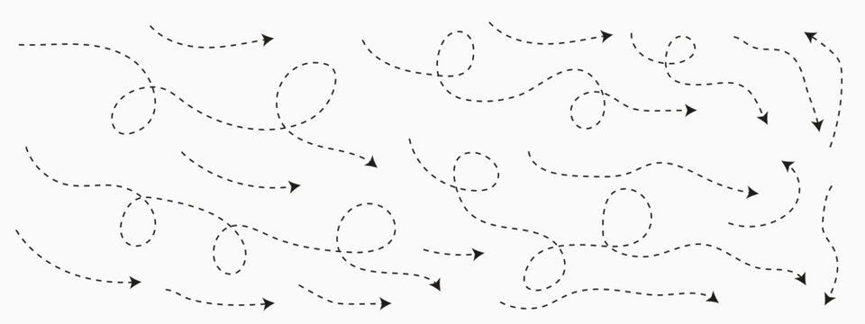 Set of curved dotted line arrow set. Squiggly dotted arrow, vector dashed curved line arow set. Curved dotted line arrow set.