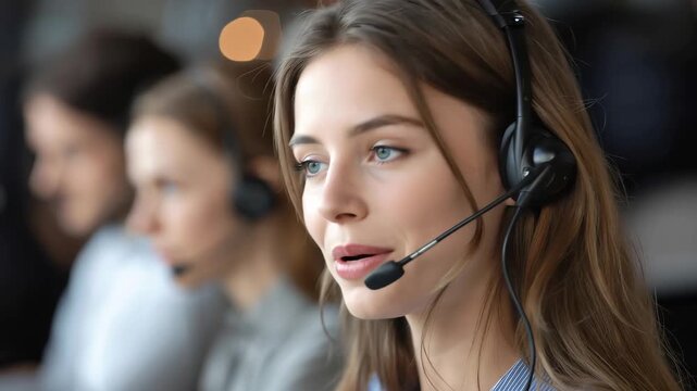 Customer service representative in a call center providing assistance with a friendly smile during a busy workday