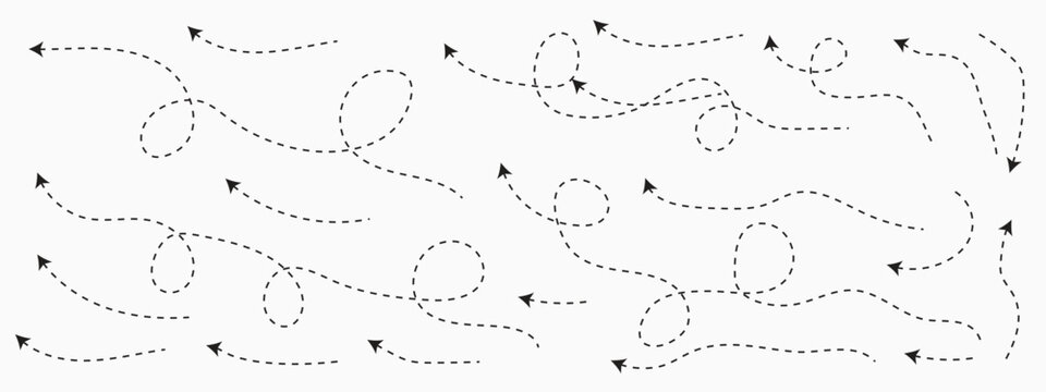 Hand drawn curved dashed arrows collection, doodle elements, vector eps10 illustration