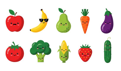 A colorful vector illustration of smiling fruits and vegetables