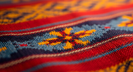 Fototapeta premium A close-up macro view of a vibrant, intricately woven textile featuring traditional geometric patterns and bright colors