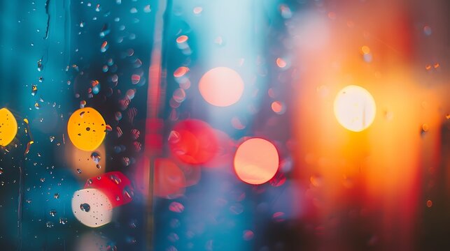 Vibrant colorful lights reflected on rainy window with bokeh effect