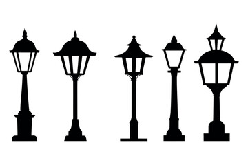 Fototapeta premium Vintage metal streetlight post set featuring antique iron lantern designs with glass bulbs for urban city lighting and architectural art