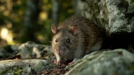The Rat Hidden Among Moss Covered Rocks on a Sun Dappled Forest Floor