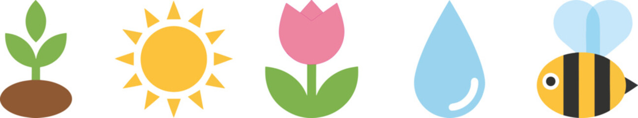 flat eco lifestyle icon set with sprouting plant bright sun blooming flower water drop and bee, modern minimal environmental vector illustration collection