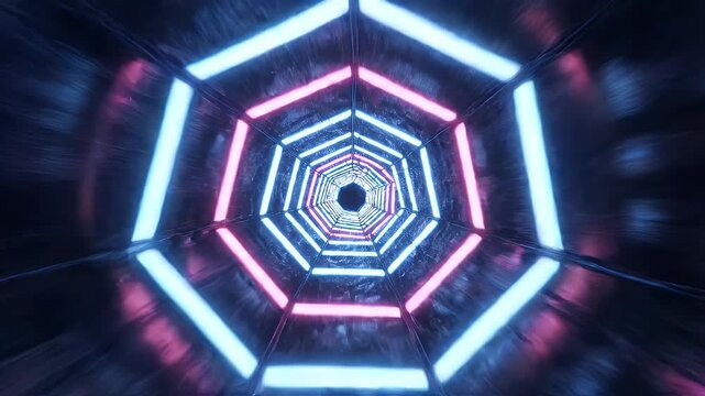 A futuristic tunnel with blue and pink neon lights receding into a distant point