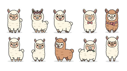 Cute cartoon alpaca and llama characters in various poses and expressions, adorable animal collection. © Doni